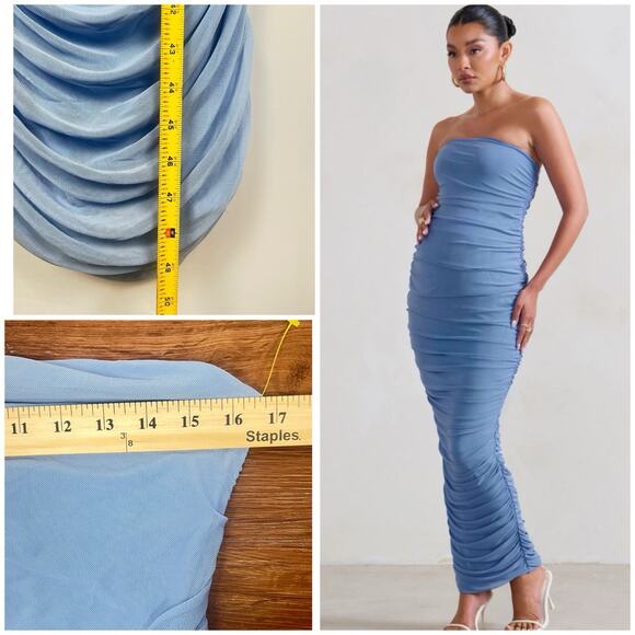 NWT CLUB L LONDON Maternity Blue Strapless Bodycon Ruched Mesh Midi Dress US 8 - Picture 5 of 11